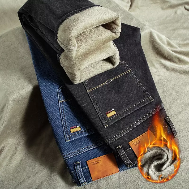 Plus rozmiar 40 42 44 46 zimowy ciepły męski luźne jeansy moda biznesowa rozciągliwe tkaniny polar pogrubiony spodnie dżinsowe męski