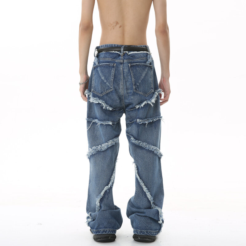 Jeans jeans solto com franjas masculinas, calças de perna larga, produtos de tendência hip-hop, europeu e americano, novo, 2023