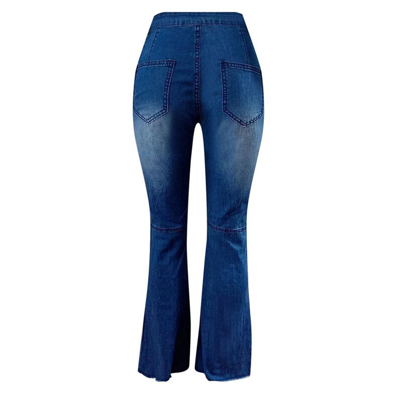 Jeans feminino de botão com borla alta, calça com fundo de sino, calça justa, estilo rua, moda