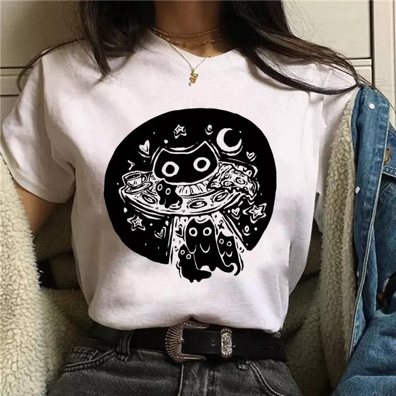 Black Cat Printed T Shirts for Women Clothing White Tee Y2k Short Sleeved Cute Graphic T Shirt Summer Oversized Casual Tshirt