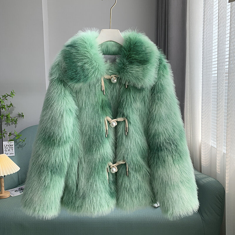 Manteau de fourrure mi-long avec boutons et perles pour femme, vêtement d'extérieur à la mode, Casaco, nouvelle veste d'hiver en Imitation de fourrure de renard, pardessus, 2022