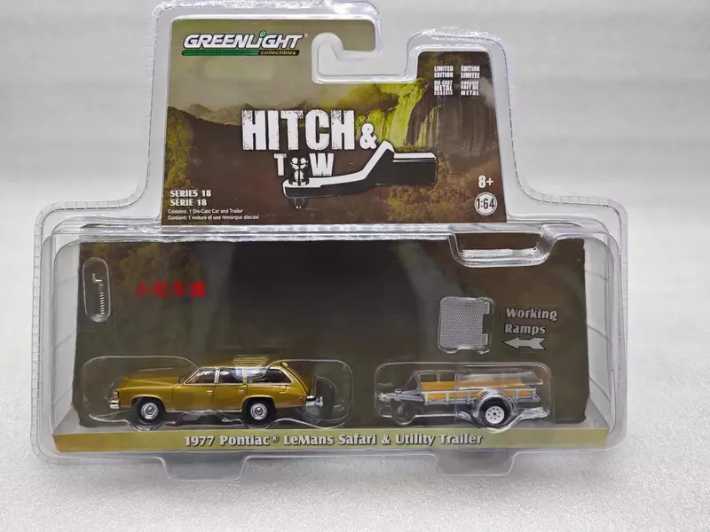 Diecast Metal liga modelo carro brinquedos, Pontiac Lemans, Safari e utilitário Trailer, presente coleção, W1355, 1977, 1:64