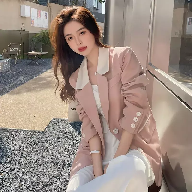 Blazer kasual longgar versi Korea, jaket jas kecil tambal sulam kontras merah muda, jas musim gugur musim semi untuk wanita