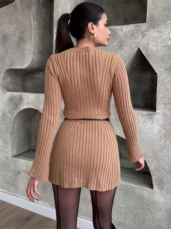 Knit Sweater Mini Dress For Women Ribbed Patchwork Fashion Long Sleeve High Waist Loose Elegant Dress Knitwear Clothes New