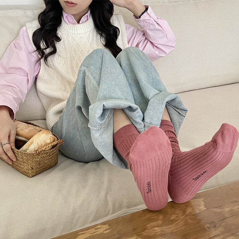 Calcetines de algodón puro de tubo medio para mujer, medias Harajuku transpirables, informales, primavera y otoño