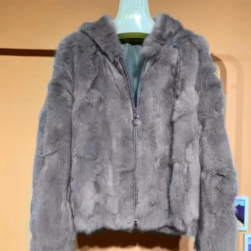 Abrigo de piel de conejo Rex Real para mujer, Chaqueta corta gruesa y cálida con capucha, ropa de invierno, 2023