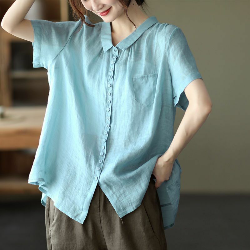 Blusa de manga curta feminina, lapela, bolsos de botões, monocromática, camisas casuais, roupa solta, tops coreanos, moda verão, 2024