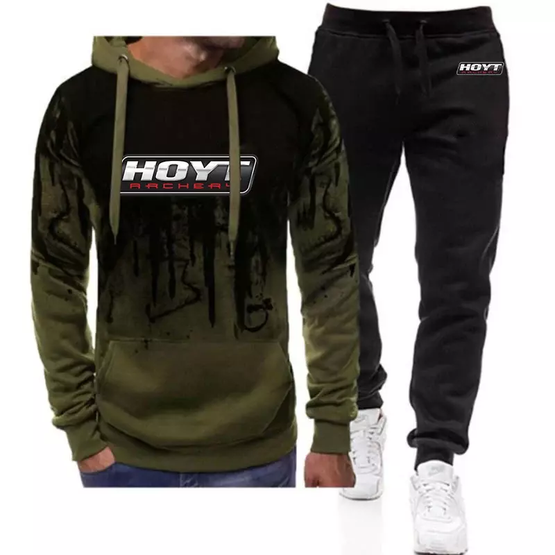 Новинка 2024, Мужской пуловер с капюшоном Hoyt Archery градиентного цвета, толстовка с капюшоном и брюки, повседневные спортивные брюки, уличный костюм из двух предметов