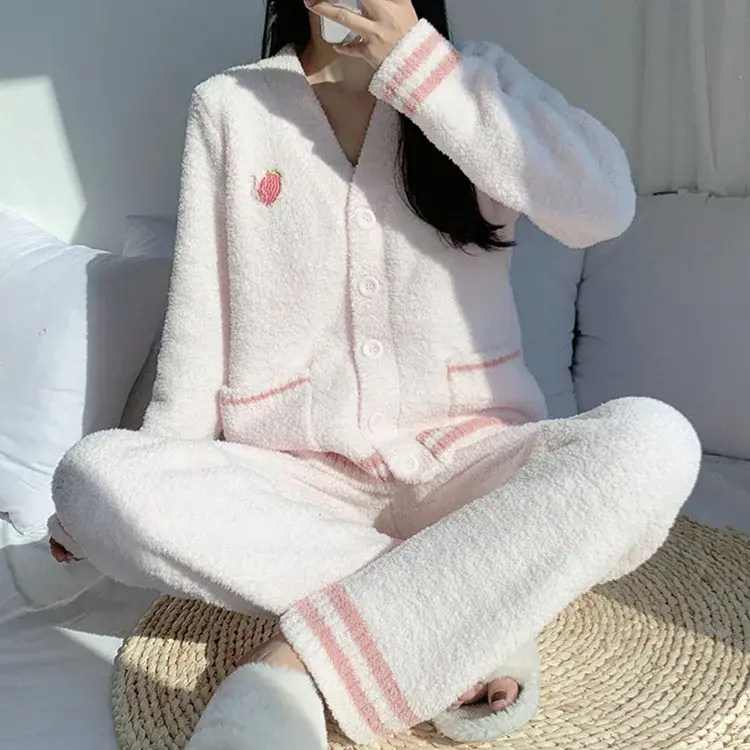 Korea Style Damen Winter Pyjama Set Korallen samt Langarm Damen 2 Stück Nachtwäsche mit Hose warmen Pyjama Anzug für Frauen