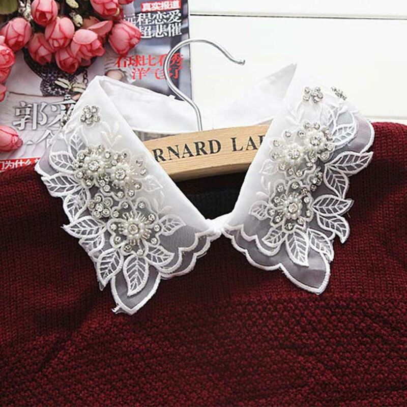 Fashion Women Cotton Pearl Hollow Flower Shirts Collars Fake Neckline Lace Fake Collar