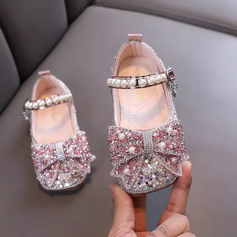 Girls Princess Leather Shoes Luxury Rhinestone Children's Flats with Pearl Bowknot Fashion Kids Dance Ballet Mary Jane Shoes