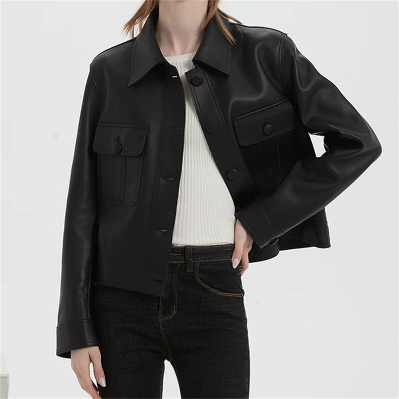 Jaket kulit asli musim gugur dan musim dingin 2024 jaket desainer wanita baru jaket kulit domba atasan pendek