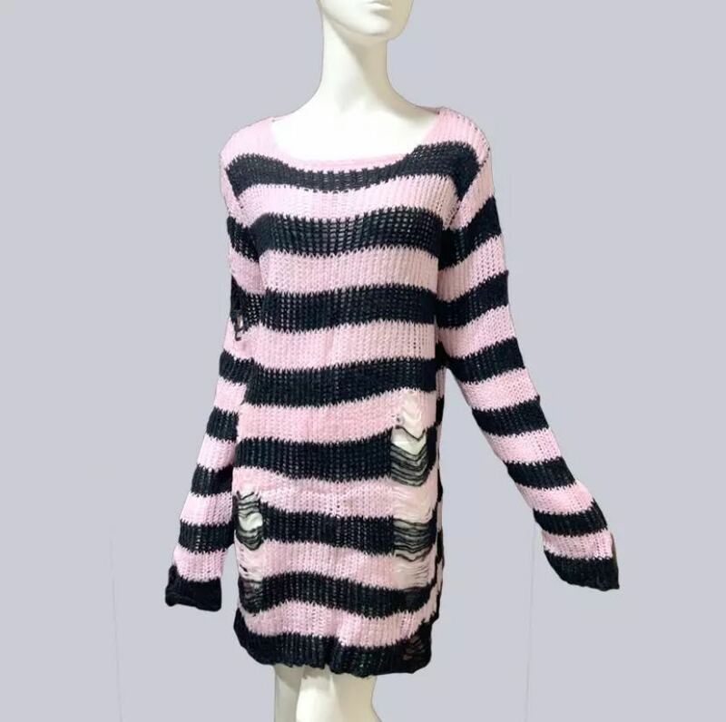 Женский полосатый джемпер с вырезами, свободный тонкий черный свитер в стиле панк и готика, лето