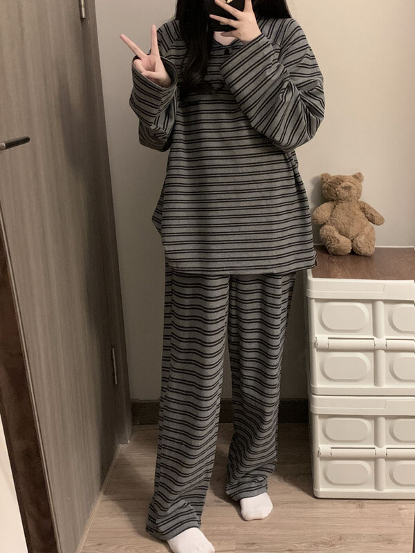 Large size 100kg striped pure cotton long sleeved pajama set for women's spring autumn 2024 new autumn can be worn externally