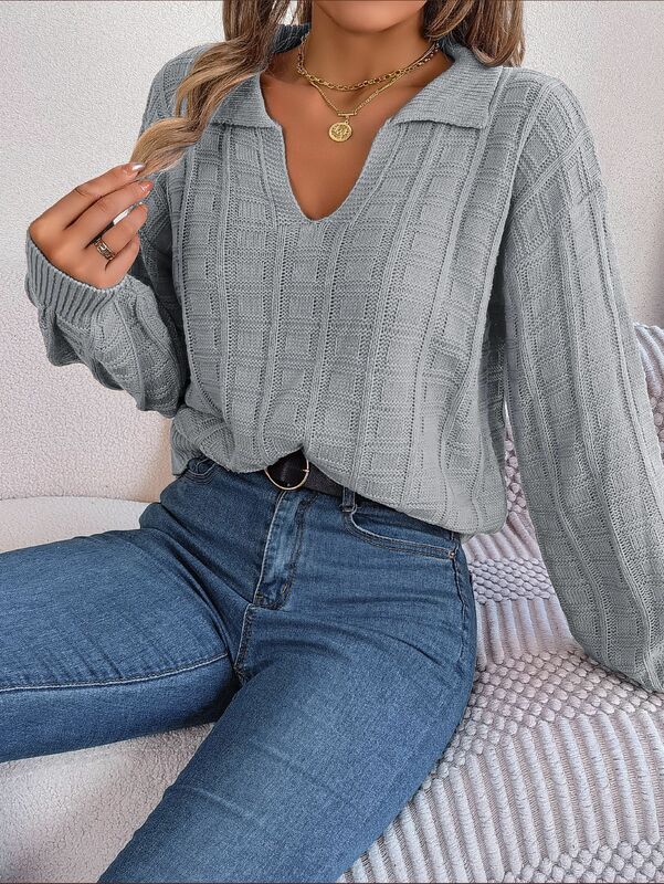 Sweater for Female Autumn and Winter Fashion New Casual Lapel Solid Color Plaid Long Sleeve Knitted Pullover Blouse