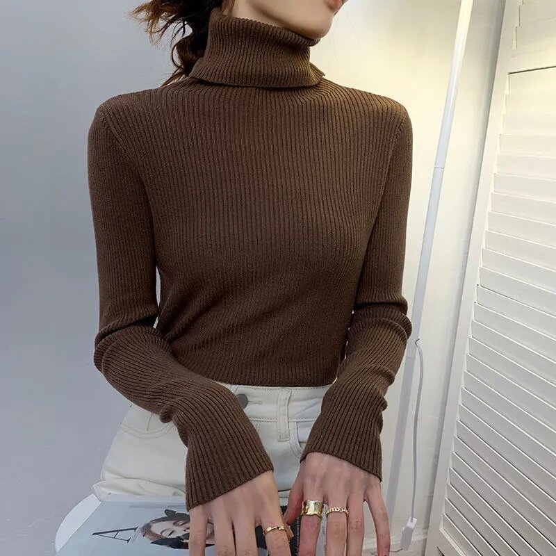 women Clothing Autumn Winter High Neck Sweater 2023 New Apricot Knitted Top Trendy  Versatile Slim Fit Bottom for Women Pullover