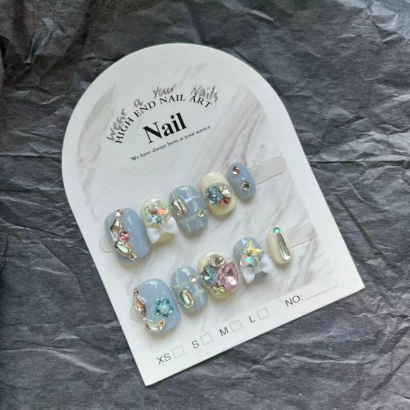 Uñas postizas redondas hechas a mano para niñas, puntas adhesivas reutilizables de Ballet azul, 10 piezas