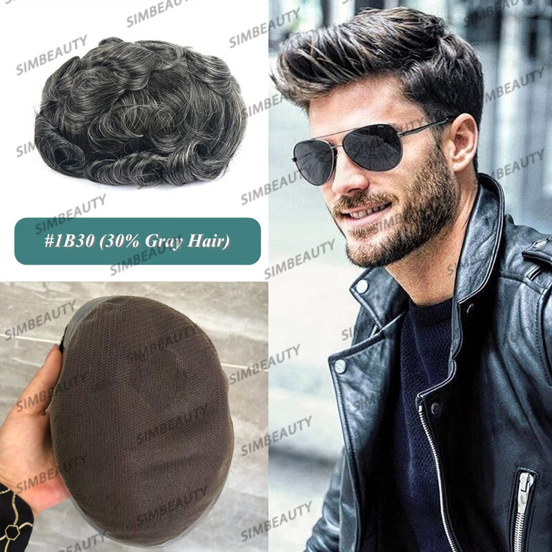 30% abu-abu rambut bernapas renda Australia & PU dasar pria Toupee 100% rambut manusia Pria sistem potongan prostesis kapiler Man wig Unit
