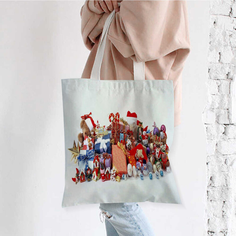 Christmas Gift Pile Decorative Canvas Shopping Bag Reusable Shoulder Bag and Christmas Large Capacity Foldable Tote Canvas Bag
