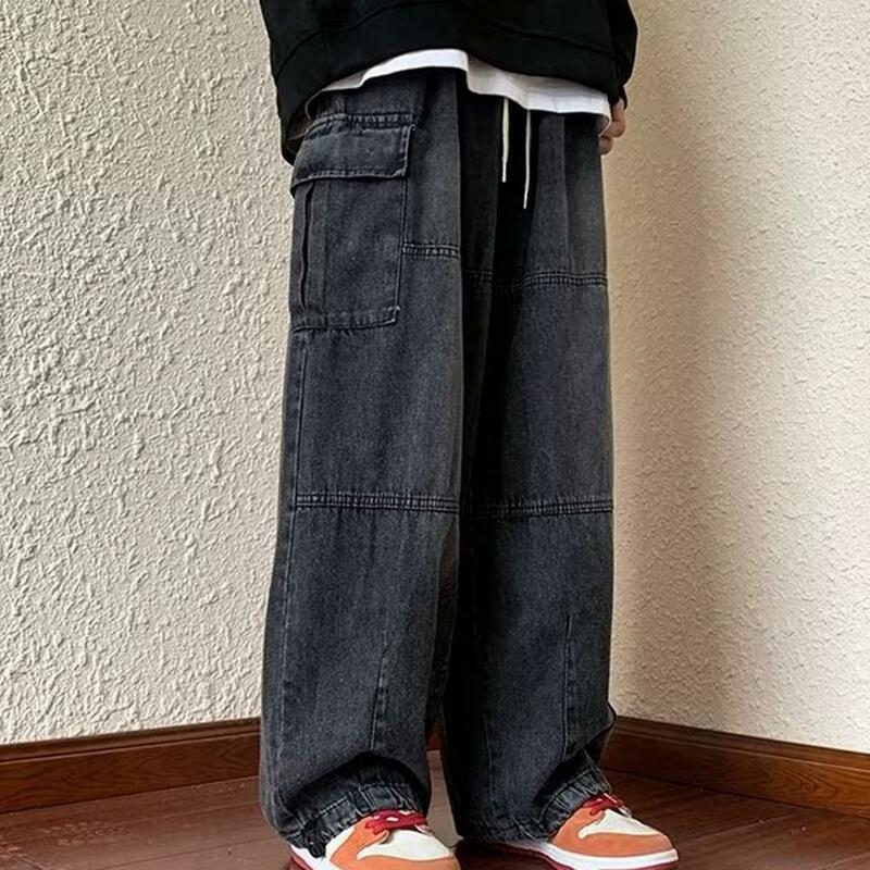 Cargo Jeans Baggy Denim Cargo Pants with Elastic Waist Multiple Pockets for Men Oversized Wide Leg Trousers Solid Color Solid