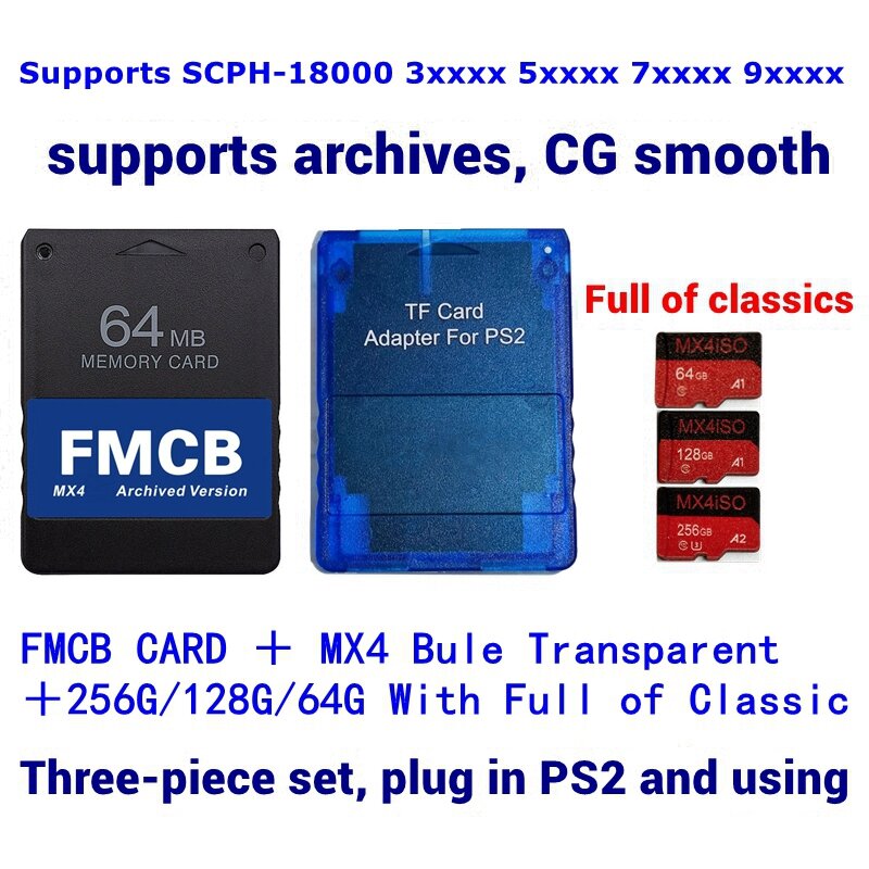 Адаптер для карт TF/SD SIO2SD PS2 MX4 для PS2, все консоли + карта FMCB + 256 ГБ/128 ГБ/64 ГБ