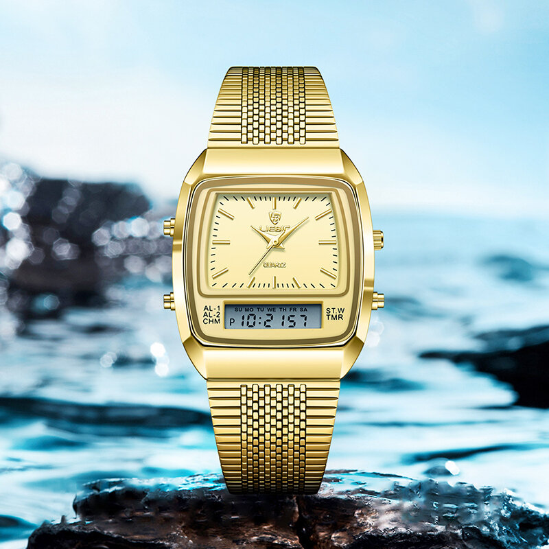 Relógio de pulso de quartzo impermeável masculino, Dual Time Week, Relógio esportivo dourado, Relógio digital, nova moda, casual, 3bar, L1030