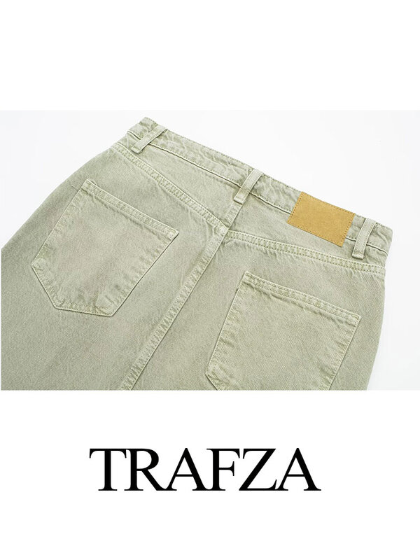 TRAFZA 2024 Spring Women's Versatile Denim Green Skirt Front Slit High Waist Pockets Slim Female Casual A-Line Chic Midi Skirts