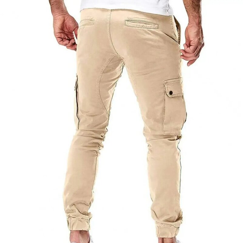 Calça masculina versátil com vários bolsos, cintura elástica, design do comprimento do tornozelo, calças de trabalho, estilo conforto
