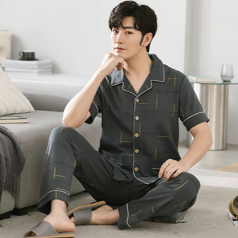 Big Size Cotton Sleepwear Men Short Sleeve Cardigan Trouser Pajama Sets Button Homewear Loungewear Sets Loose Korean Sportswear