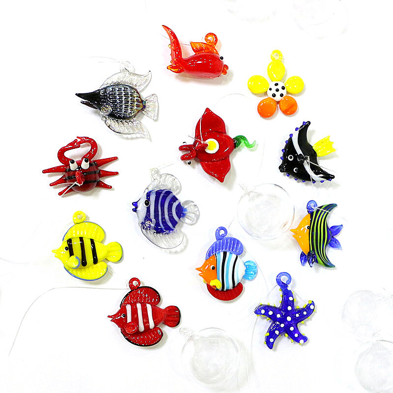 Aquário Decoração de animais marinhos flutuantes Estatuetas em miniatura Pingente bonito Peixe do mar de vidro Estrela do mar Caranguejo Peixe-palhaço Peixe-gato Devil Peixe-dourado Estátua minúscula Ornamento