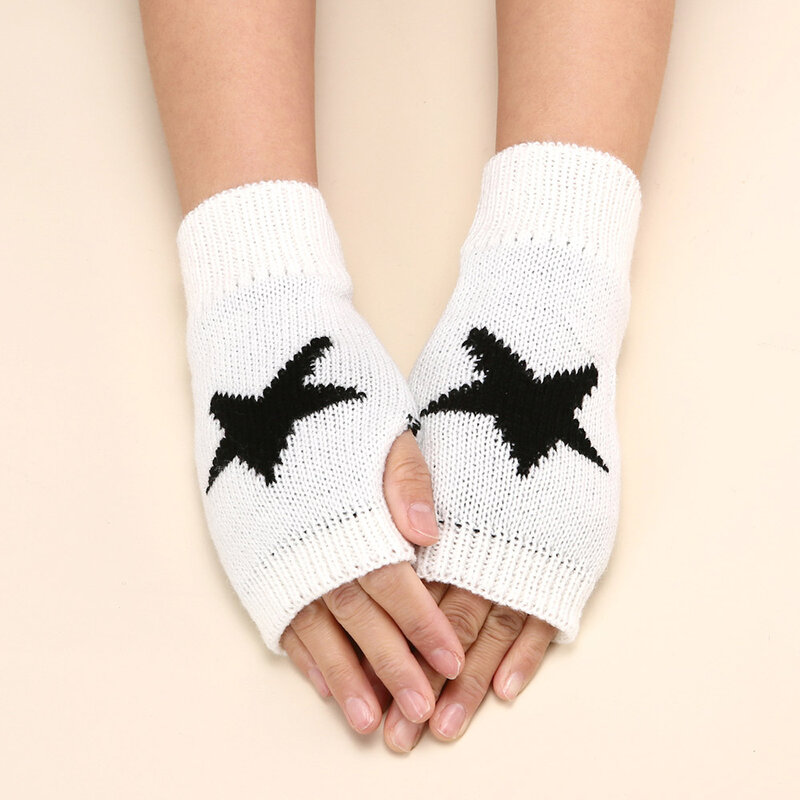 女性用5点星ニット指なし手袋、ミトン、暖かい、ウール、書き込み、腕、冬、y2k