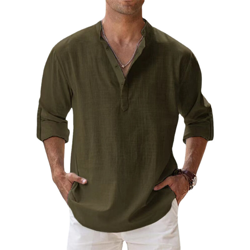 Camisas de lino y algodón para hombre, camisas informales ligeras de manga larga, Henley, playeras hawaianas, nuevas