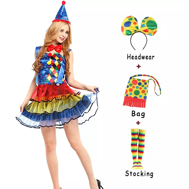 Взрослый костюм клоуна для женщин, головной убор, сумка, косплей, маскарадный цирковый ужас, смешная Женская одежда для представлений