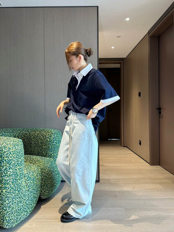 Женские минималистичные повседневные джинсы с завышенной талией на шнурке, эластичные и приталенные, свободные широкие брюки