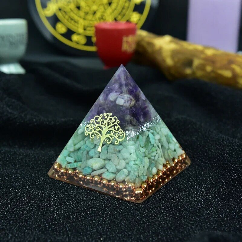 Pirâmide selvagem orgonita, chakra, ametista natural, brinquedo artesanal de resina