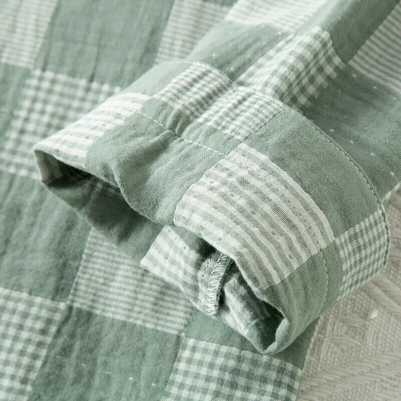 Men's Minimalist Plaid Pure Cotton Double-layer Gauze Pajamas for Spring Long Sleeved Home Clothing Elastic Waist Trousers 2 Pcs