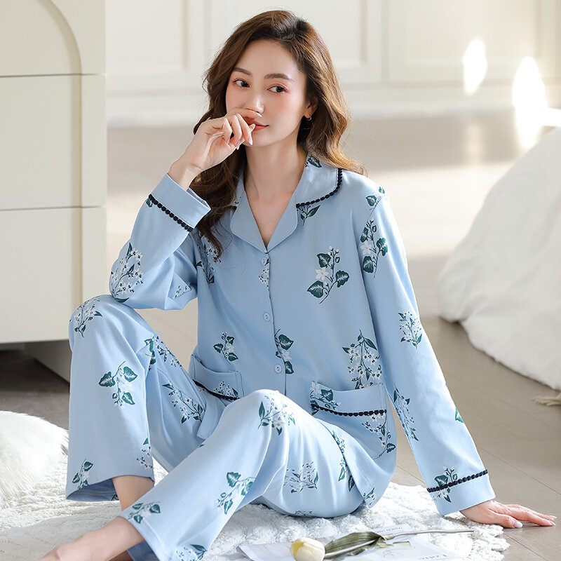 Pijamas de algodón para Mujer, traje de casa con estampado Floral, cárdigan de solapa, Tops de manga larga y pantalones largos, 2 piezas