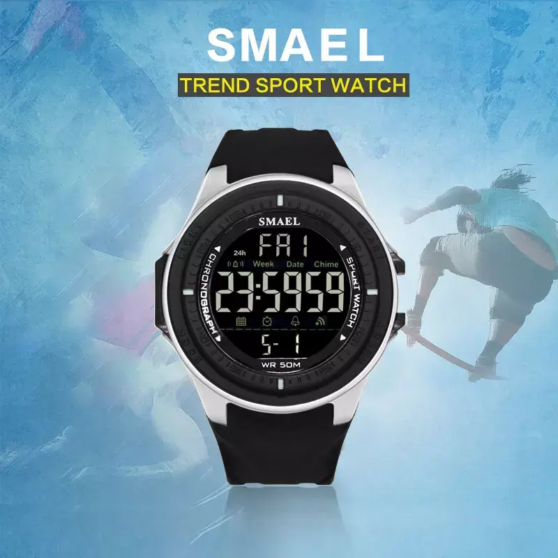 Smael-relógio esportivo masculino, digital, led, mostrador grande, cronógrafo, casual, eletrônica, militar, moda