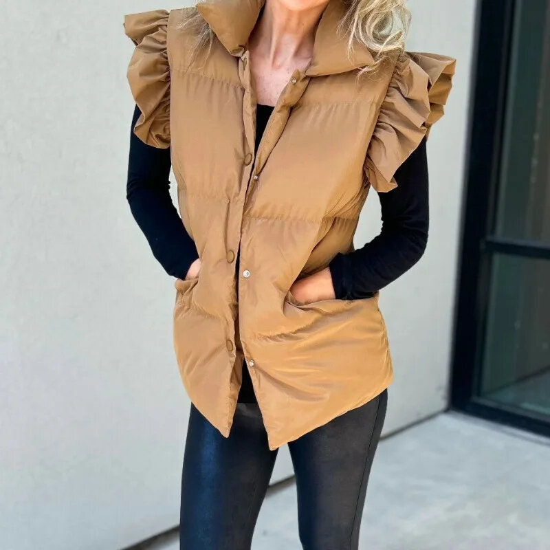 Ruffles Flying Sleeve Cotton Vest Stand Collar Casual Solid Cotton Coat Single Breasted Pocket Fashion Women Winter Jacket