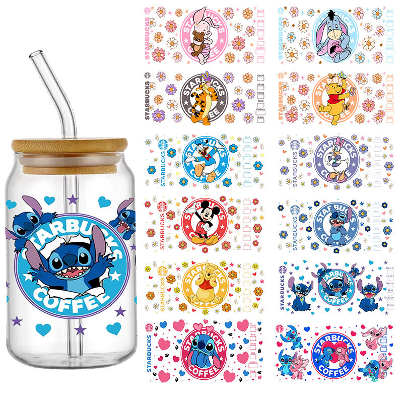 3d Uv Dtf Transfers Stickers 16Oz Cup Wraps Dsiney Micky Stitch Winnie The Pooh Bedrukt Voor Diy Glas Keramisch Metaalleer