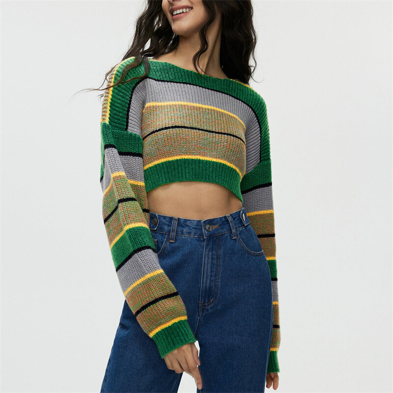 Suéter corto de punto a rayas para Mujer, Jersey suelto de manga larga, Top de otoño e invierno, Y2K, novedad