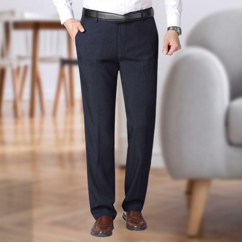 Men Pants Solid Color Stretchy Spring Autumn High Waist Straight Loose Trousers For Business Zipper Male Suit Pants