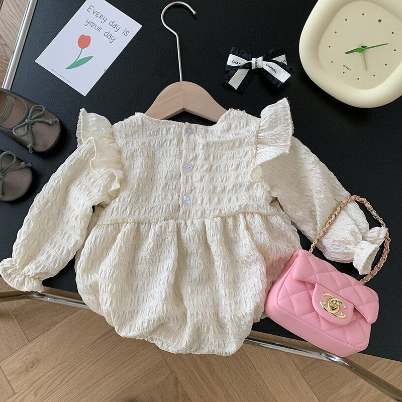 New In Autumn 2023 Lace Cute One-Piece Ruched  Overalls for Newborn Baby Girls with Big Bow , Kids Infant Bodysuits 0-24M