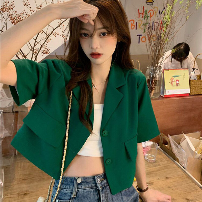 Blazer Potongan Gaya Korea Wanita 2023 Musim Panas Jaket Setelan Lengan Pendek Tipis Mantel Pakaian Luar Kancing Satu Baris Warna Polos Wanita