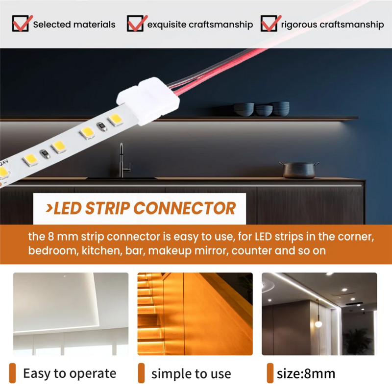 LED Strip Light Connector, única cor, sem solda, flexível, SMD, 3528, 2835, 8mm, 2 pinos, 8mm de largura, 24pcs