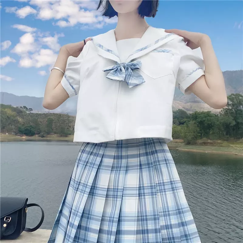 [Shinazugawa] Formal JK Uniform Anime Girls Short Sleeve High Waist Pleated Skirts Blue Plaid Skirt Women Dress School Uniform