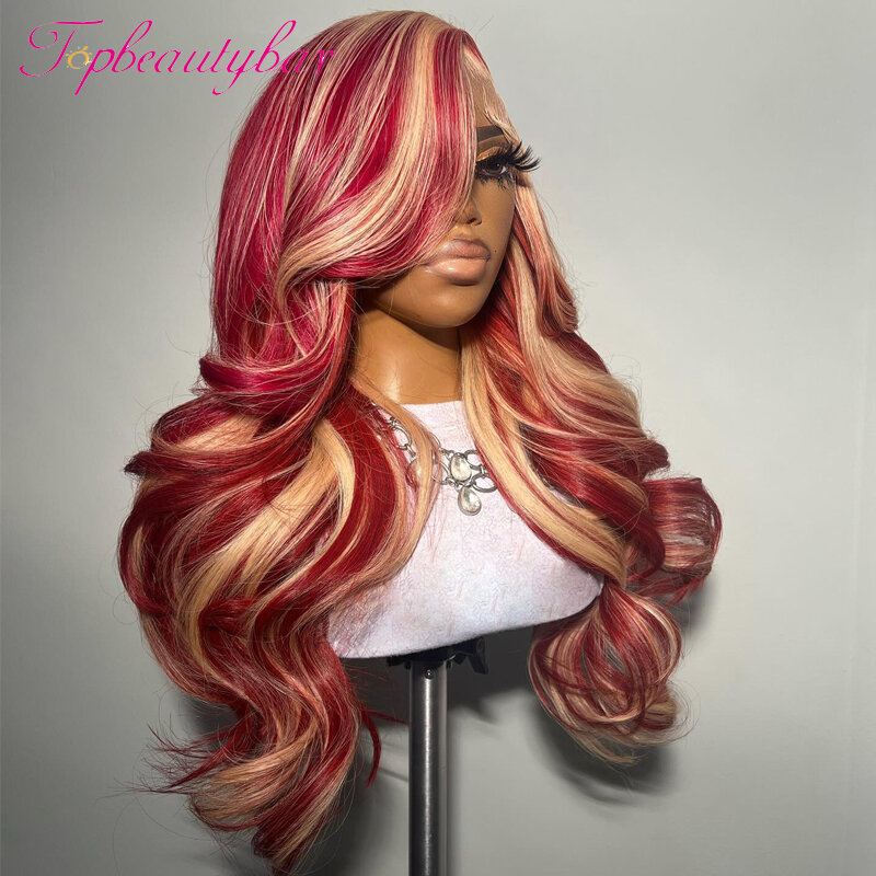 Wig rambut manusia dengan renda 13X4 Peruvian warna merah dan pirang untuk wanita wig 180% pre-plecked Remy wig warna merah bergelombang