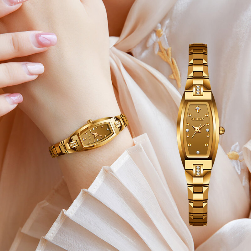 OLEVS 텅스텐강 여성 시계 로즈 골드 팔찌 세트 작고 정교하다 방수 패션 쿼츠 시계 정품