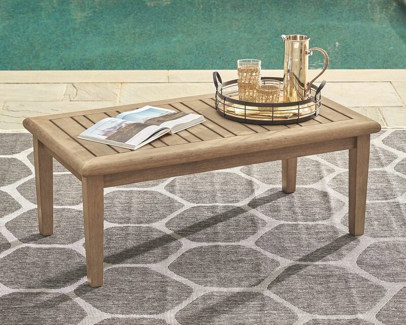 Signature Design by Ashley Gerianne Outdoor Rectangular Eucalyptus Wood Slat Top Coffee Table, Beige