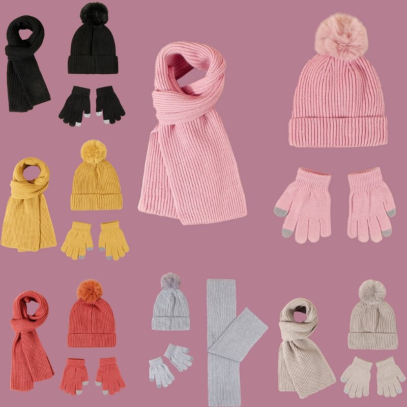 Three-piece Hats Scarf Gloves Set Children Hat Winter Warm PomPon Knitted Hat Autumn Winter Gilr And Boy Fashion Set